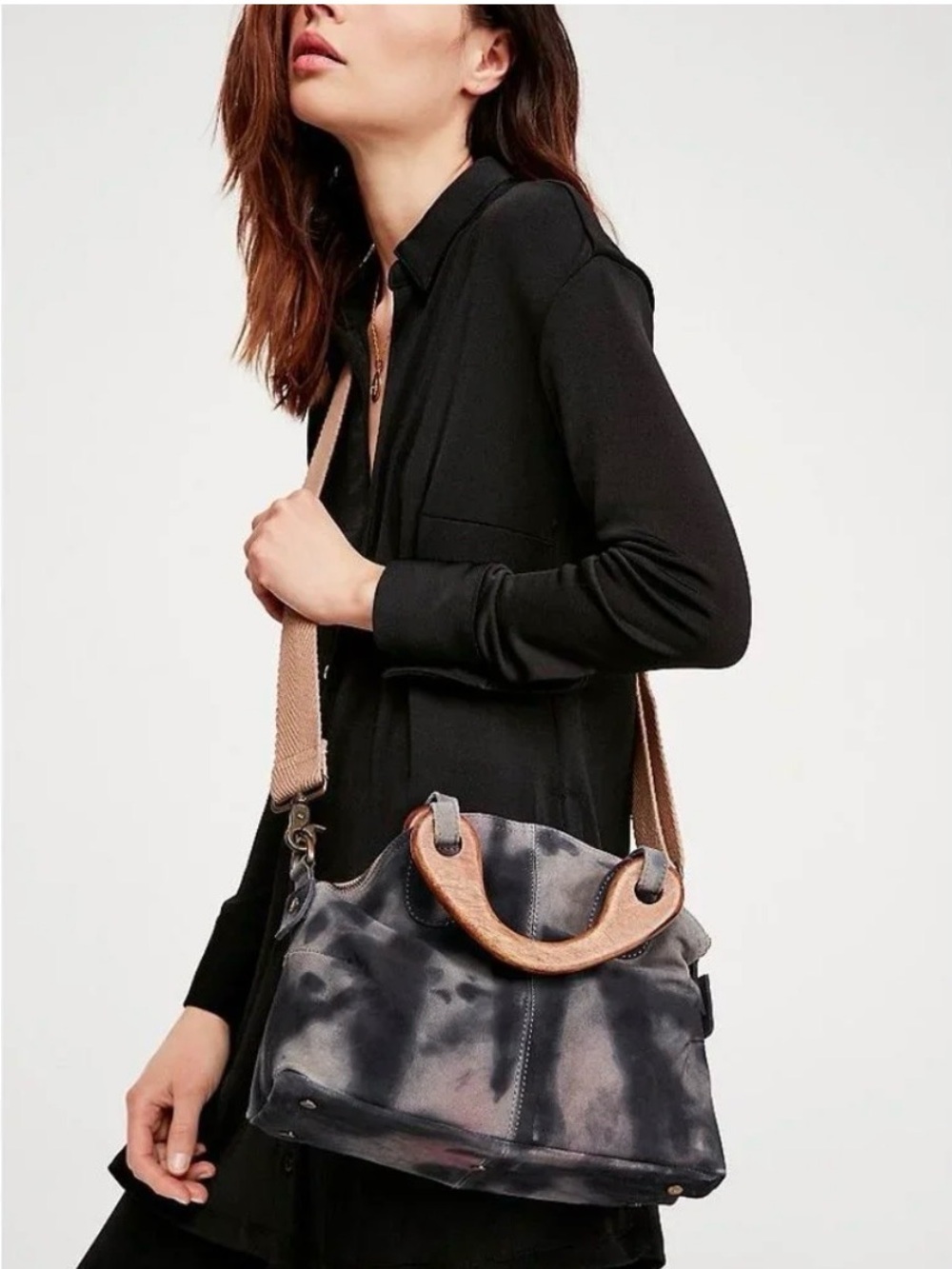 Free People Mini Willow Tote NWT Gray Suede Wood Handle Crossbody Bag